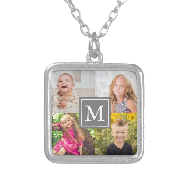 Family Photo Collage Silver Plated Necklace (Front)