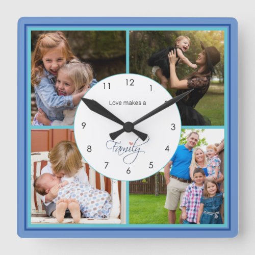 Family Photo Collage Square Blue Square Wall Clock
