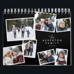 Family photo collage stylish modern black white calendar<br><div class="desc">With a variety of photo shapes, sizes and layouts, this photo calendar makes a perfect family gift. The cover features a collage of 7 photos scattered scrapbook style on a chic black background. The photos surround type that can be customized with your family name. Makes a great grandparent or parent...</div>