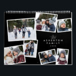 Family photo collage stylish modern black white calendar<br><div class="desc">With a variety of photo shapes, sizes and layouts, this photo calendar makes a perfect family gift. The cover features a collage of 7 photos scattered scrapbook style on a chic black background. The photos surround type that can be customized with your family name. Makes a great grandparent or parent...</div>