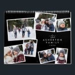 Family photo collage stylish modern black white calendar<br><div class="desc">With a variety of photo shapes, sizes and layouts, this photo calendar makes a perfect family gift. The cover features a collage of 7 photos scattered scrapbook style on a chic black background. The photos surround type that can be customized with your family name. Makes a great grandparent or parent...</div>
