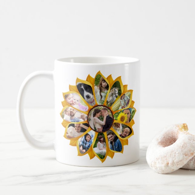Family Photo Collage Sunflower 13 Pictures Easy Coffee Mug (With Donut)
