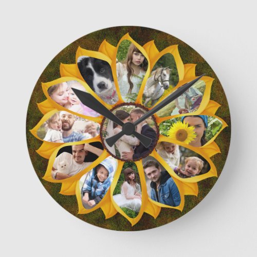 Family Photo Collage Sunflower 13 Pictures Easy Round Clock