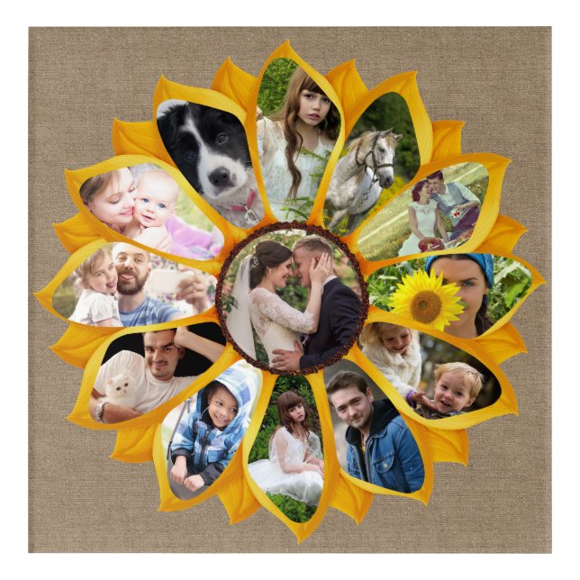 Family Photo Collage Sunflower Burlap 13 Pics Easy Acrylic Print (Front)