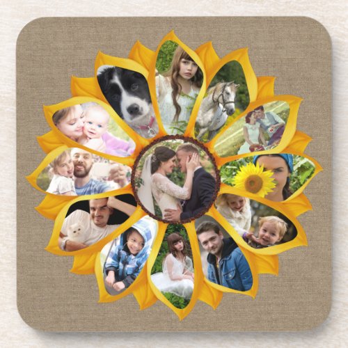 Family Photo Collage Sunflower Burlap 13 Pics Easy Beverage Coaster