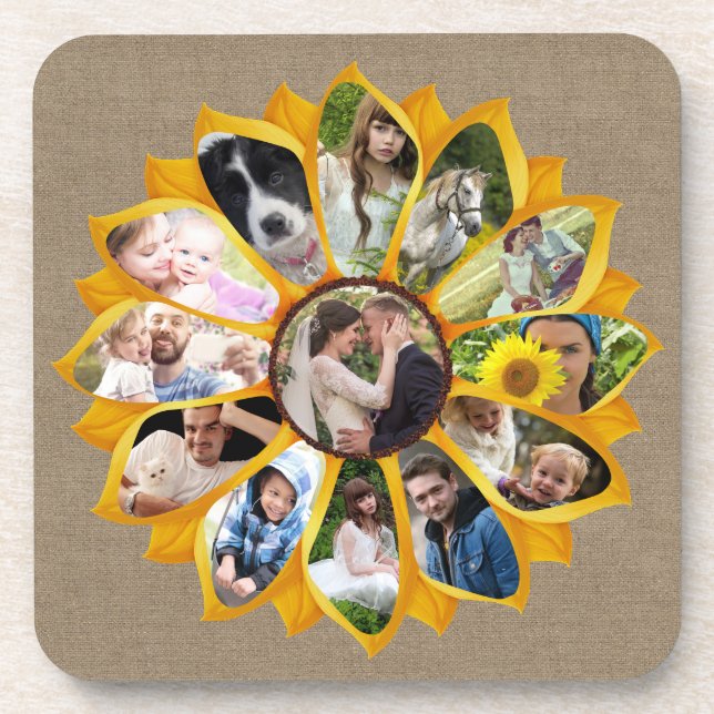 Family Photo Collage Sunflower Burlap 13 Pics Easy Beverage Coaster (Front)