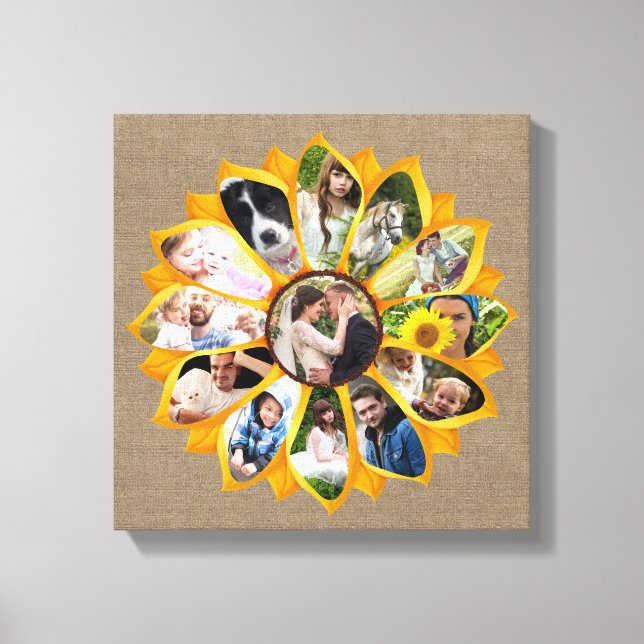 Family Photo Collage Sunflower Burlap 13 Pics Easy Canvas Print (Front)
