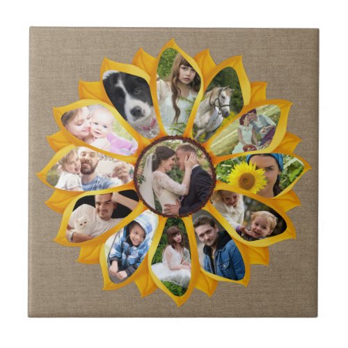 Family Photo Collage Sunflower Burlap 13 Pics Easy Ceramic Tile