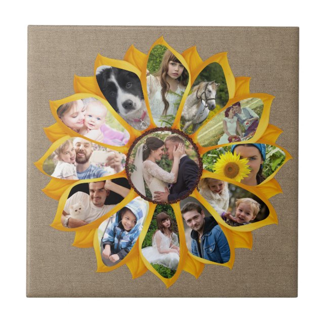 Family Photo Collage Sunflower Burlap 13 Pics Easy Ceramic Tile (Front)