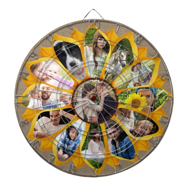 Family Photo Collage Sunflower Burlap 13 Pics Easy Dart Board (Front)
