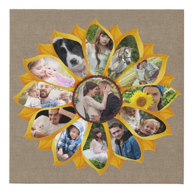 Family Photo Collage Sunflower Burlap 13 Pics Easy Faux Canvas Print (Front)