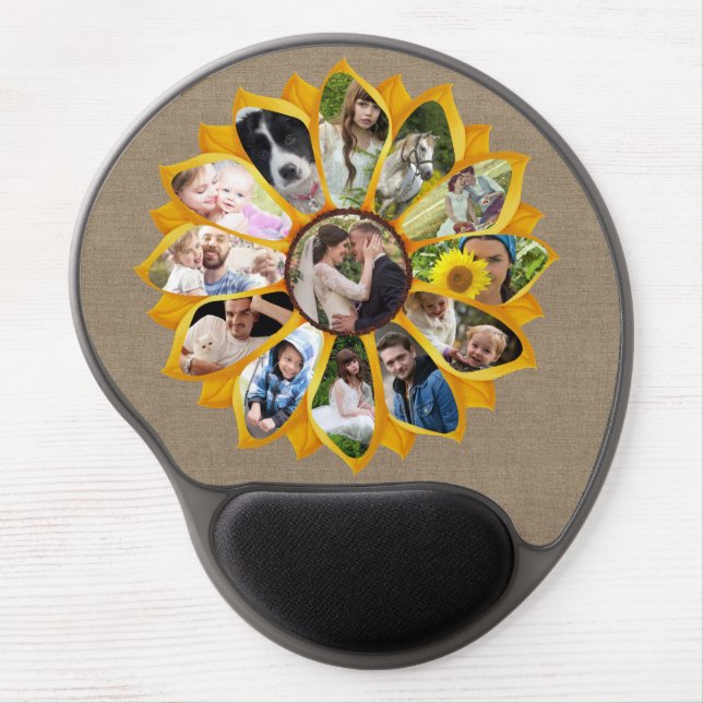 Family Photo Collage Sunflower Burlap 13 Pics Easy Gel Mouse Pad (Front)