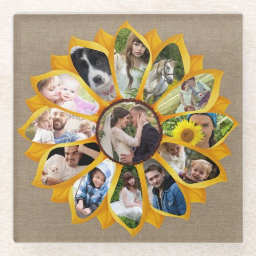 Family Photo Collage Sunflower Burlap 13 Pics Easy Glass Coaster