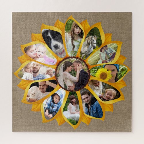 Family Photo Collage Sunflower Burlap 13 Pics Easy Jigsaw Puzzle