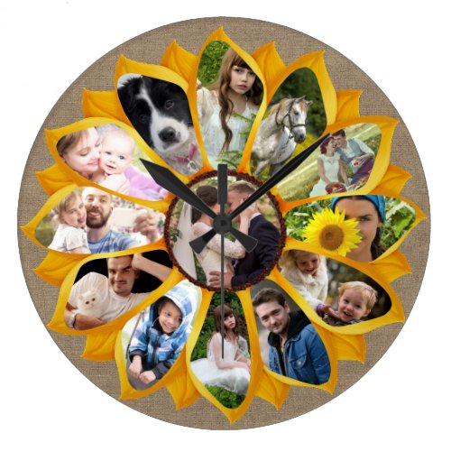 Family Photo Collage Sunflower Burlap 13 Pics Easy Large Clock
