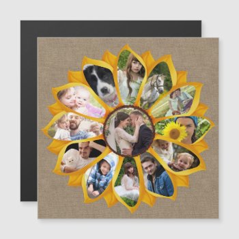 Family Photo Collage Sunflower Burlap 13 Pics Easy Magnetic Invitation by PictureCollage at Zazzle