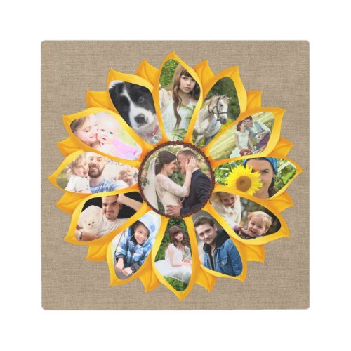 Family Photo Collage Sunflower Burlap 13 Pics Easy Metal Print