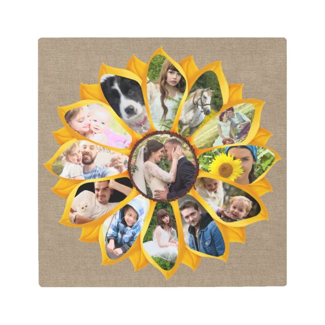 Family Photo Collage Sunflower Burlap 13 Pics Easy Metal Print (Front)