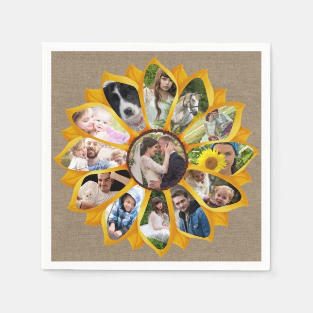 Family Photo Collage Sunflower Burlap 13 Pics Easy Napkins (Front)
