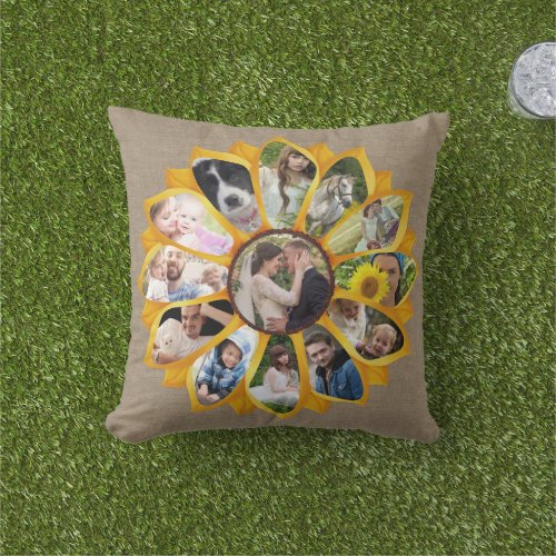Family Photo Collage Sunflower Burlap 13 Pics Easy Outdoor Pillow
