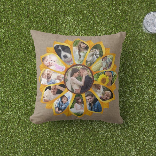 Family Photo Collage Sunflower Burlap 13 Pics Easy Outdoor Pillow (Grass)