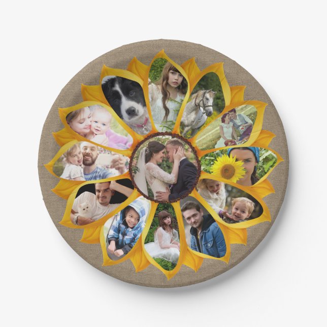 Family Photo Collage Sunflower Burlap 13 Pics Easy Paper Plates (Front)
