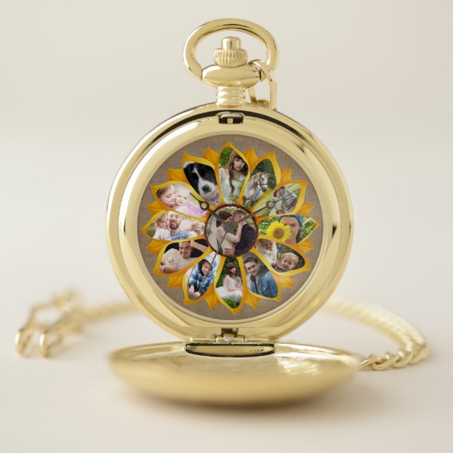 Family Photo Collage Sunflower Burlap 13 Pics Easy Pocket Watch (Inside)