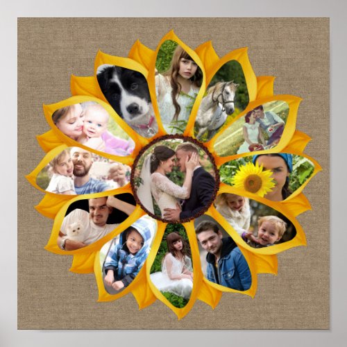 Family Photo Collage Sunflower Burlap 13 Pics Easy Poster