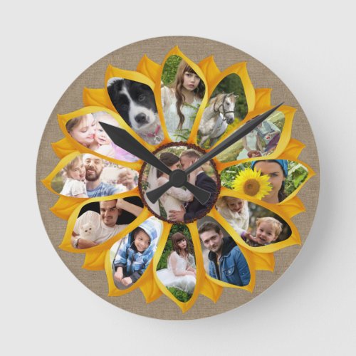 Family Photo Collage Sunflower Burlap 13 Pics Easy Round Clock