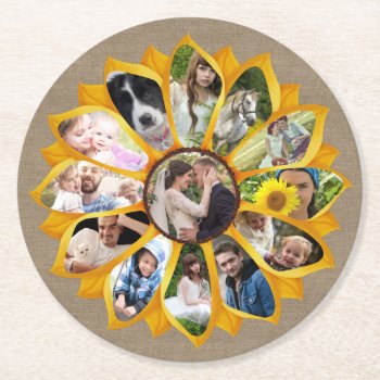 Family Photo Collage Sunflower Burlap 13 Pics Easy Round Paper Coaster by PictureCollage at Zazzle