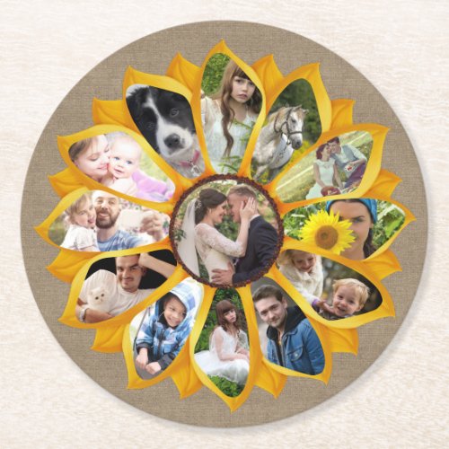 Family Photo Collage Sunflower Burlap 13 Pics Easy Round Paper Coaster