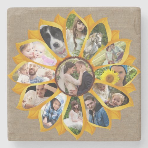 Family Photo Collage Sunflower Burlap 13 Pics Easy Stone Coaster