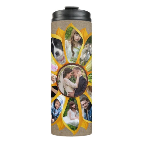 Family Photo Collage Sunflower Burlap 13 Pics Easy Thermal Tumbler