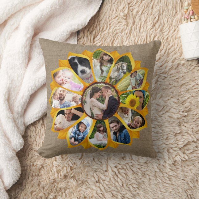 Family Photo Collage Sunflower Burlap 13 Pics Easy Throw Pillow (Blanket)