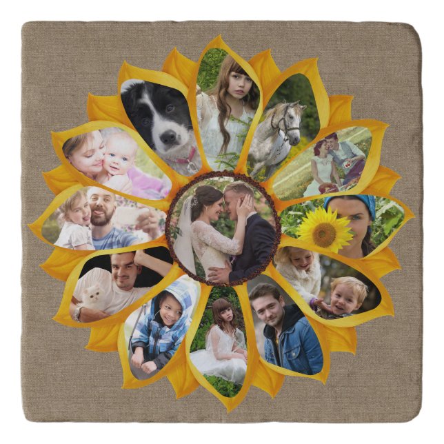 Family Photo Collage Sunflower Burlap 13 Pics Easy Trivet (Front)