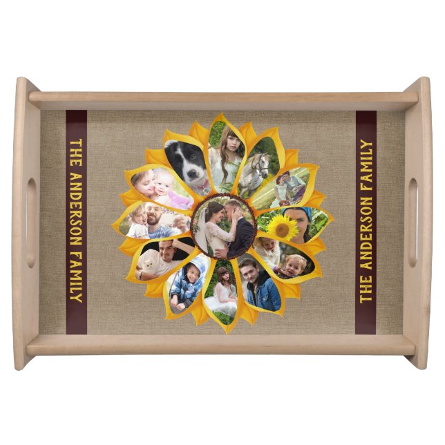 Family Photo Collage Sunflower Burlap Name Easy Serving Tray (Front)