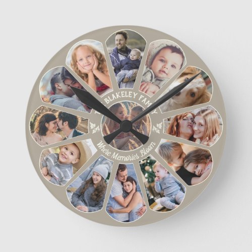 Family Photo Collage Taupe 13 Custom Flower Shape Round Clock
