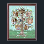 Family Photo Collage Tree 8 Pictures   Name Easy Award Plaque<br><div class="desc">This beautiful, personalized "family tree" design includes original tree artwork plus 8 of your family photos in the shape of apples. The hand-drawn artwork shows a tree plus its roots with a grass and sky background. The tree has colorful leaves and little blue birds sitting on its limbs. Use the...</div>