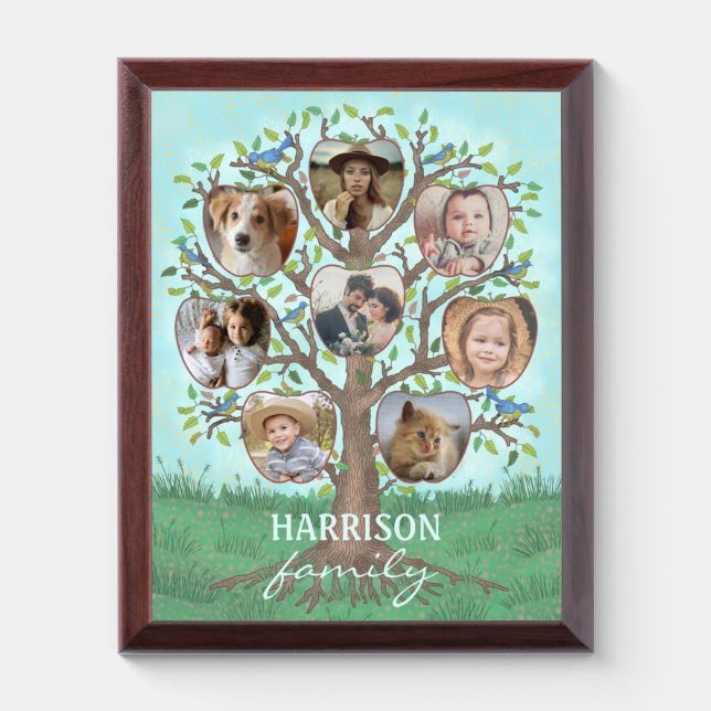 Family Photo Collage Tree 8 Pictures + Name Easy Award Plaque (Vertical)
