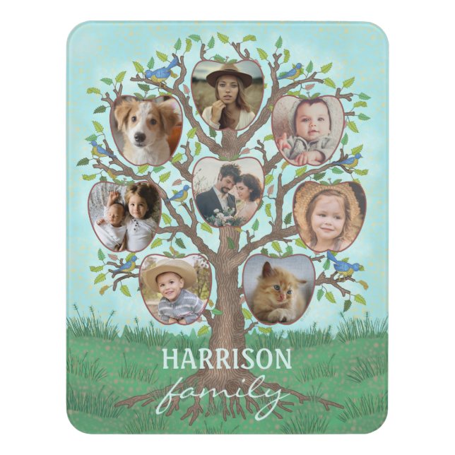 Family Photo Collage Tree 8 Pictures + Name Easy Door Sign (Contemporary Vert)