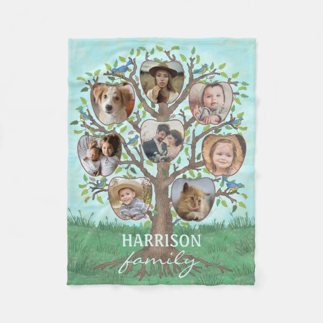 Family Photo Collage Tree 8 Pictures | Name Easy Fleece Blanket (Front)