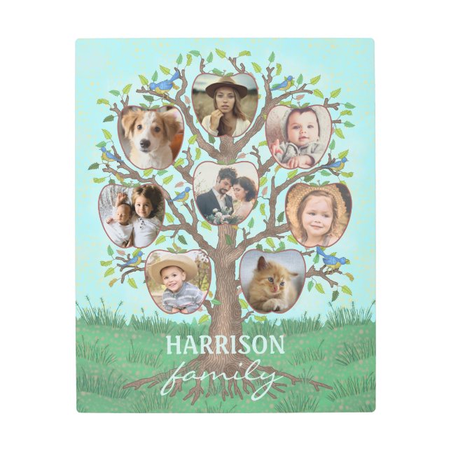 Family Photo Collage Tree 8 Pictures + Name Easy Metal Print (Front)