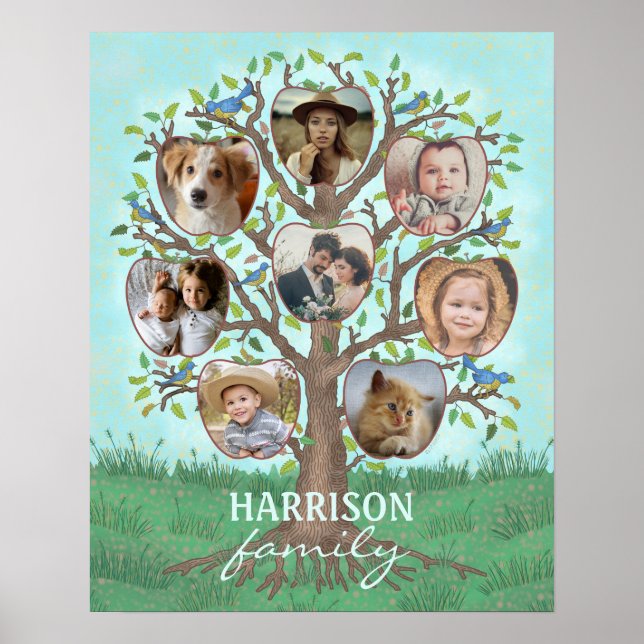 Family Photo Collage Tree 8 Pictures + Name Easy Poster (Front)