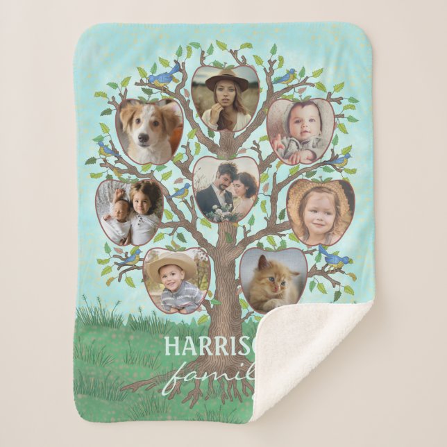 Family Photo Collage Tree 8 Pictures + Name Easy Sherpa Blanket (Front)