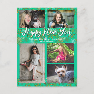 Family Photo Collage Turquoise New Years Greeting Holiday Postcard
