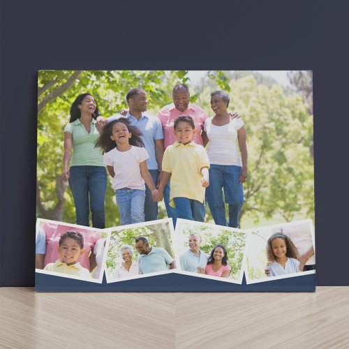 Family Photo Collage w Zigzag Photo Strip _ Blue Faux Canvas Print