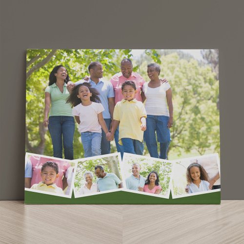 Family Photo Collage w Zigzag Photo Strip _ Green Faux Canvas Print