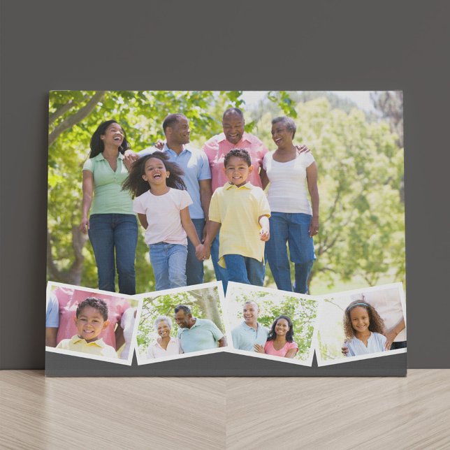 Family Photo Collage w. Zigzag Photo Strip - Grey Faux Canvas Print (Creator Uploaded)