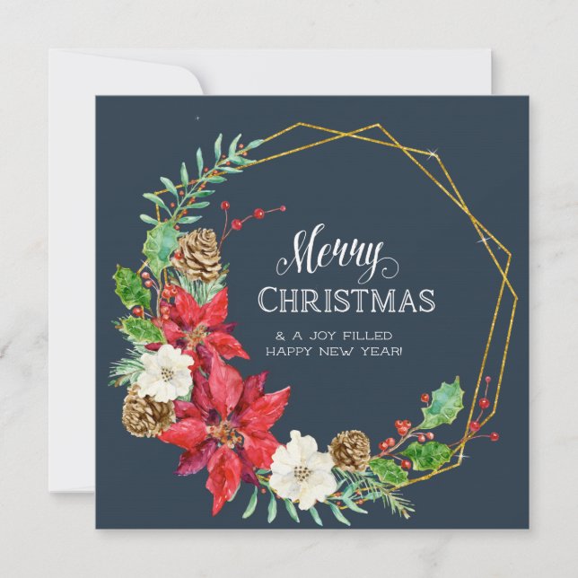 Family Photo Collage Watercolor Geometric Floral Holiday Card (Front)