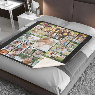 Family Photo Collage White 31 Picture Black Sherpa Blanket